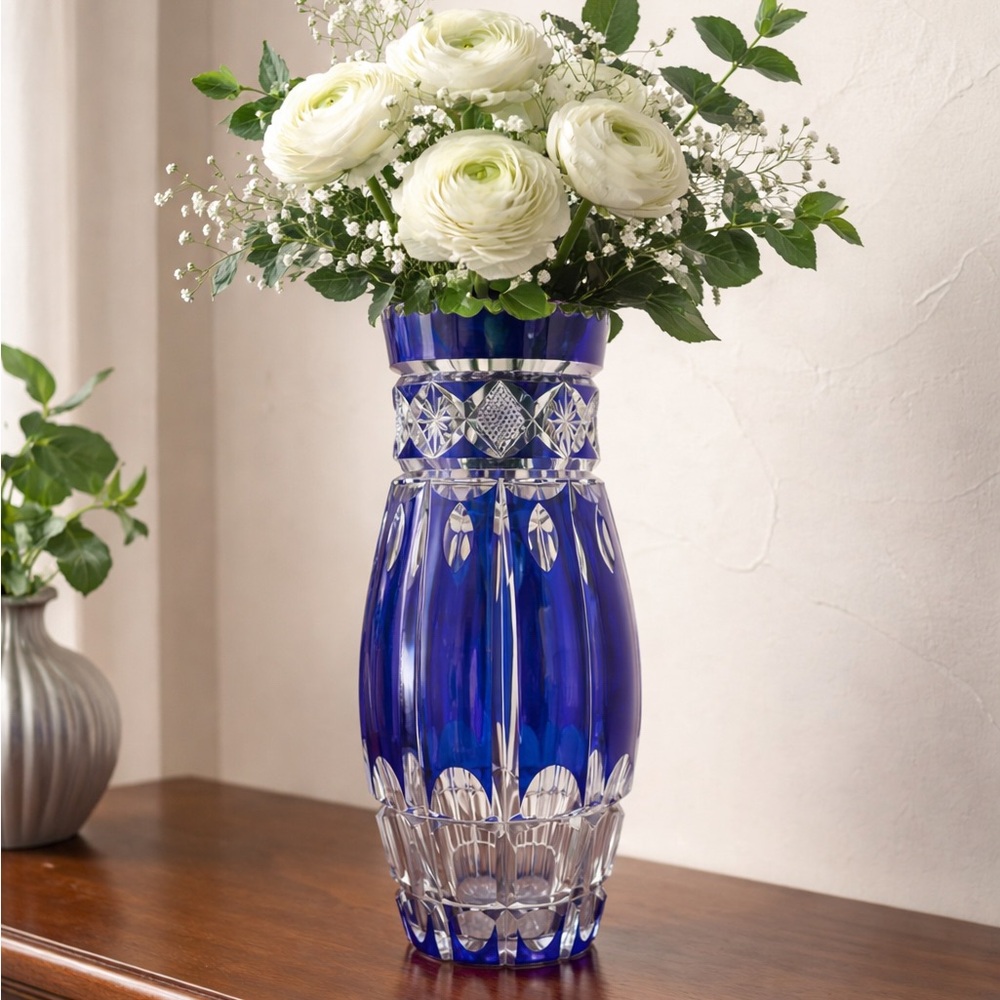 Val St. Lambert 12" Cobalt Blue Cut To Clear Crystal Vase - Pattern No. 28